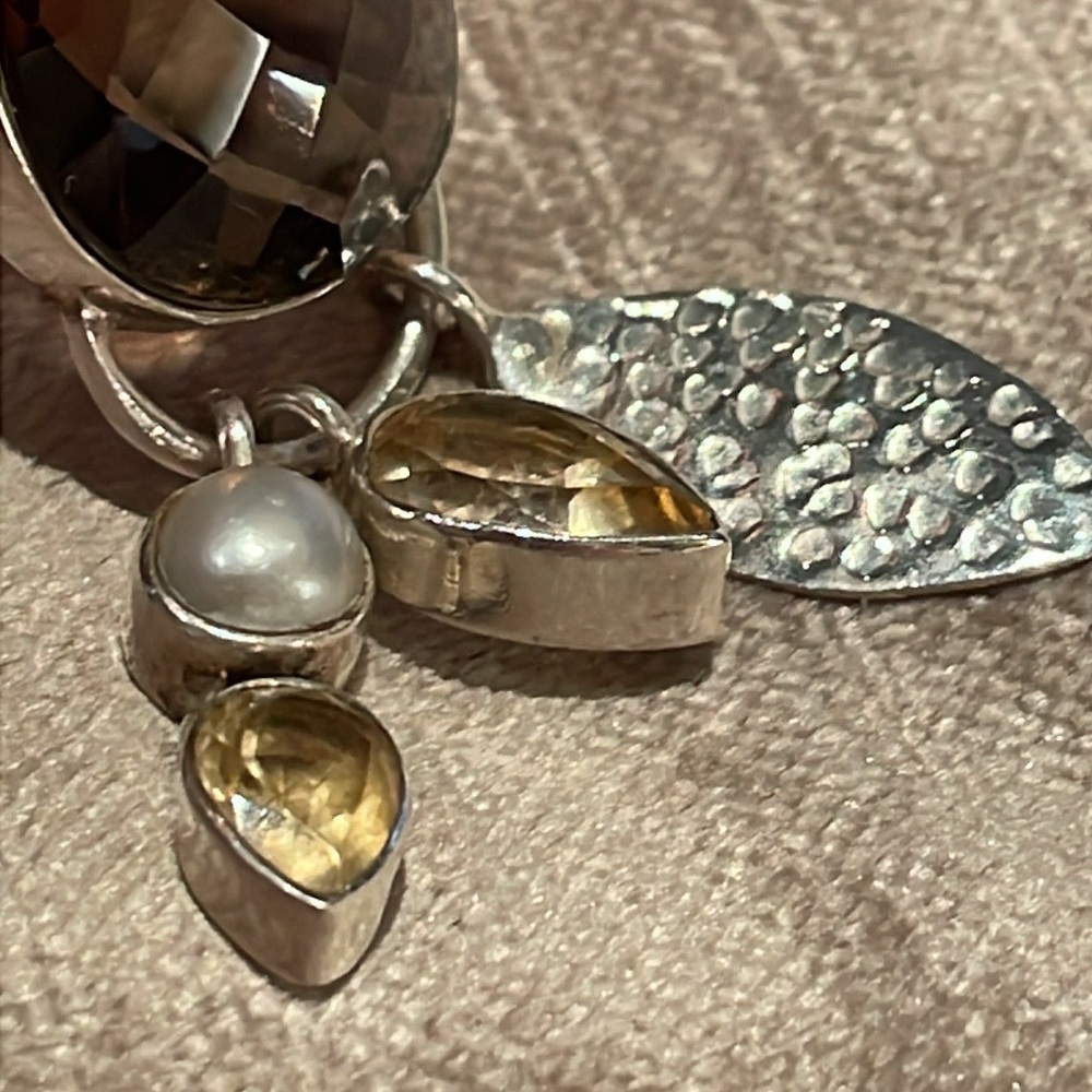 Smokey Quartz Pendant Citrine & Fresh Water Pearl Charms Sterling Silver 925 - Picture 3 of 7